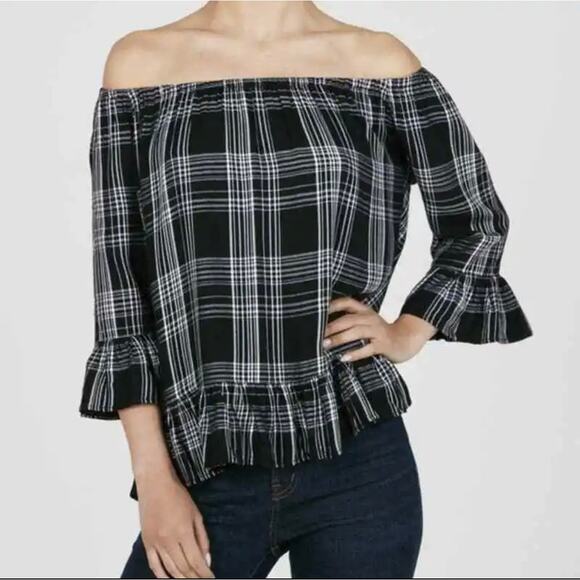 Beach Lunch Lounge Sheetal Top XL Boho Feminine Plaid Off Shoulder Tunic Ruffle - Picture 1 of 12